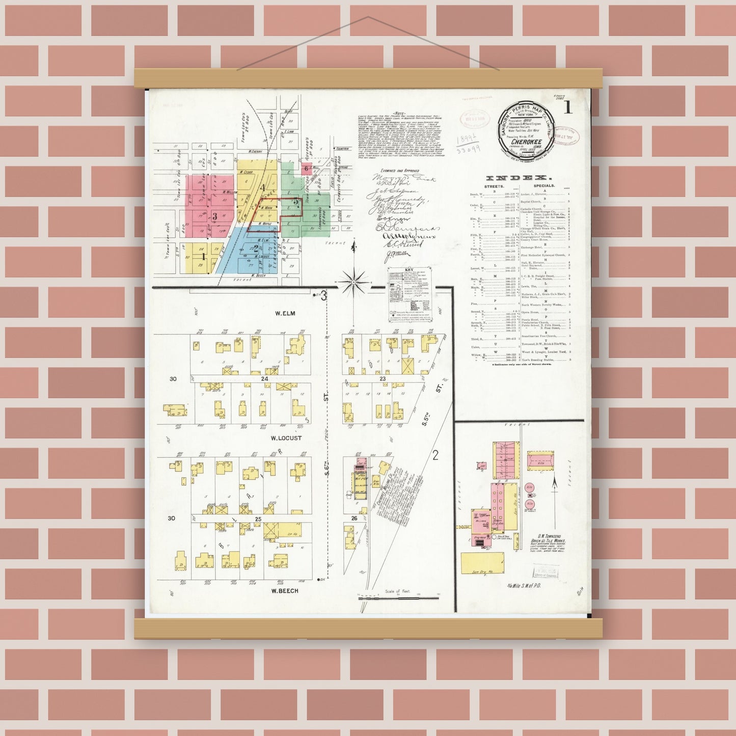 Old map wall art mockup — magnetic wood frame on brick wall — Sanborn Fire Insurance Map from Cherokee, Cherokee County, Iowa (1899), Sheet #0001