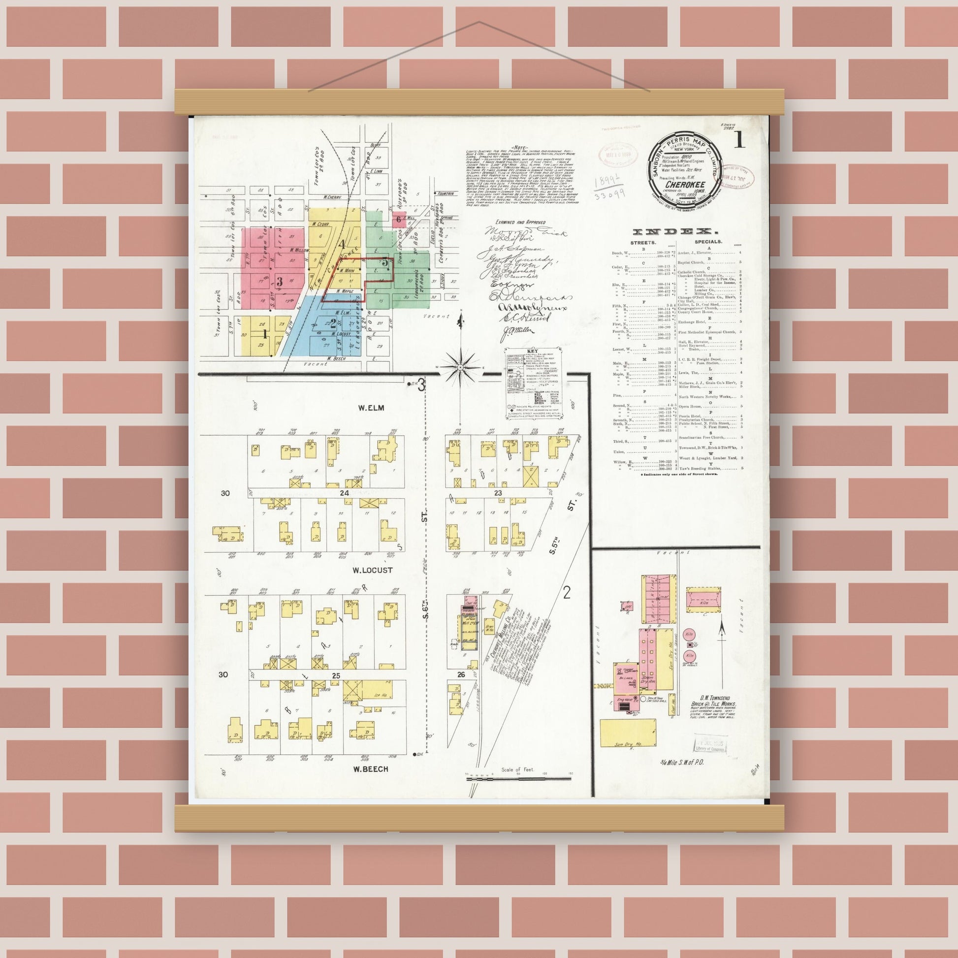 Old map wall art mockup — magnetic wood frame on brick wall — Sanborn Fire Insurance Map from Cherokee, Cherokee County, Iowa (1899), Sheet #0001