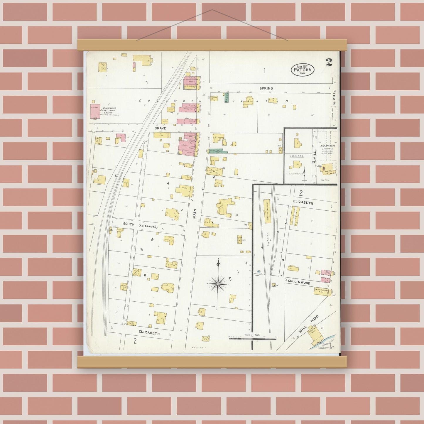 Old map wall art mockup — magnetic wood frame on brick wall — Sanborn Fire Insurance Map from Patoka, Gibson County, Indiana (1907), Sheet #0002