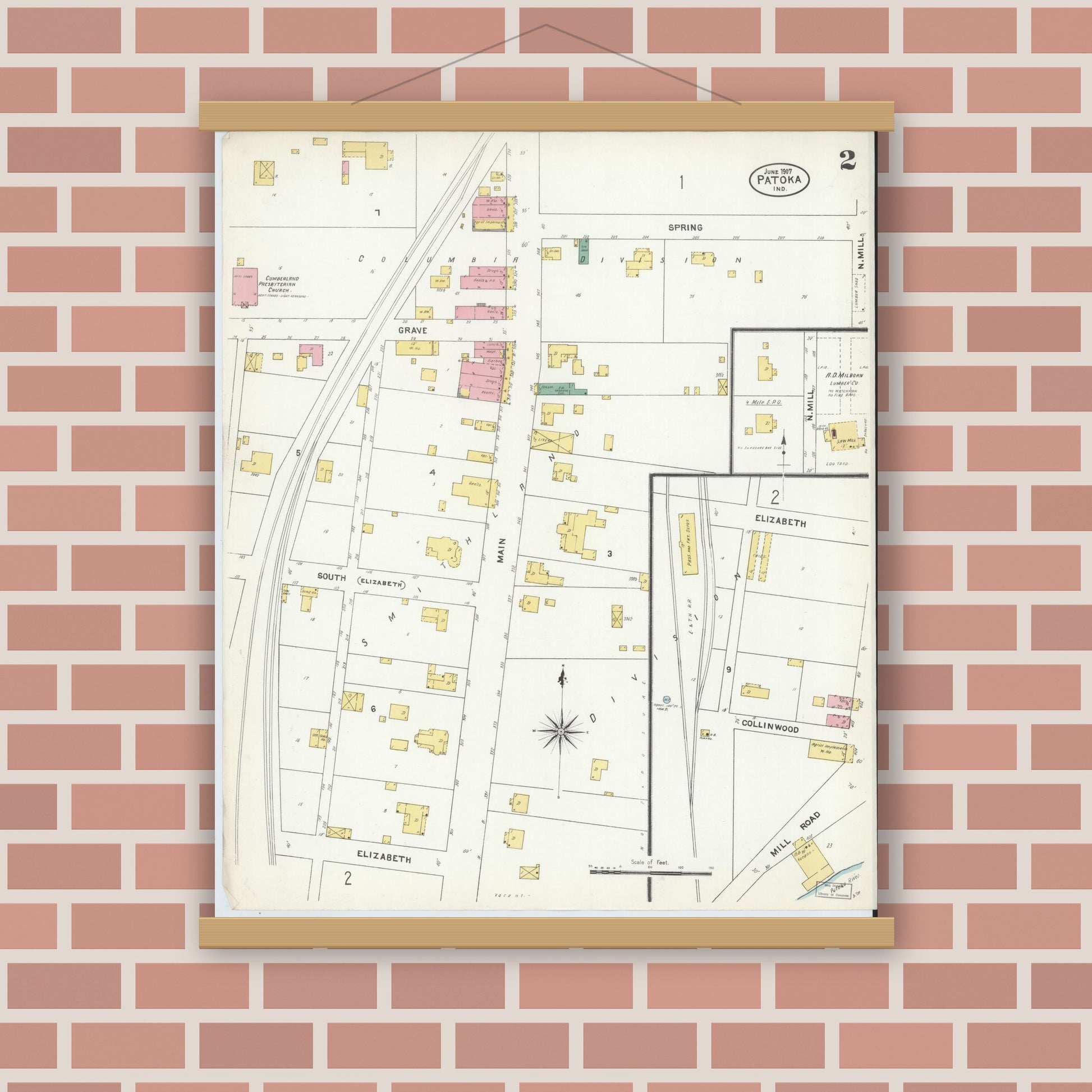 Old map wall art mockup — magnetic wood frame on brick wall — Sanborn Fire Insurance Map from Patoka, Gibson County, Indiana (1907), Sheet #0002
