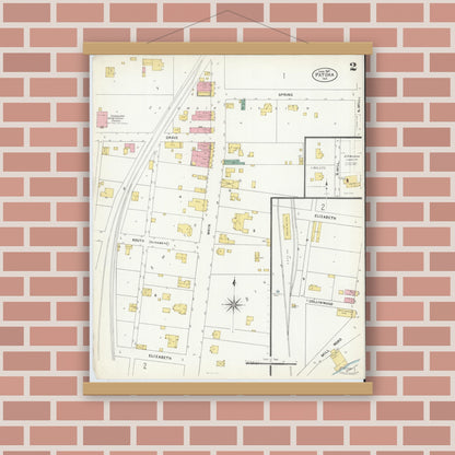 Old map wall art mockup — magnetic wood frame on brick wall — Sanborn Fire Insurance Map from Patoka, Gibson County, Indiana (1907), Sheet #0002