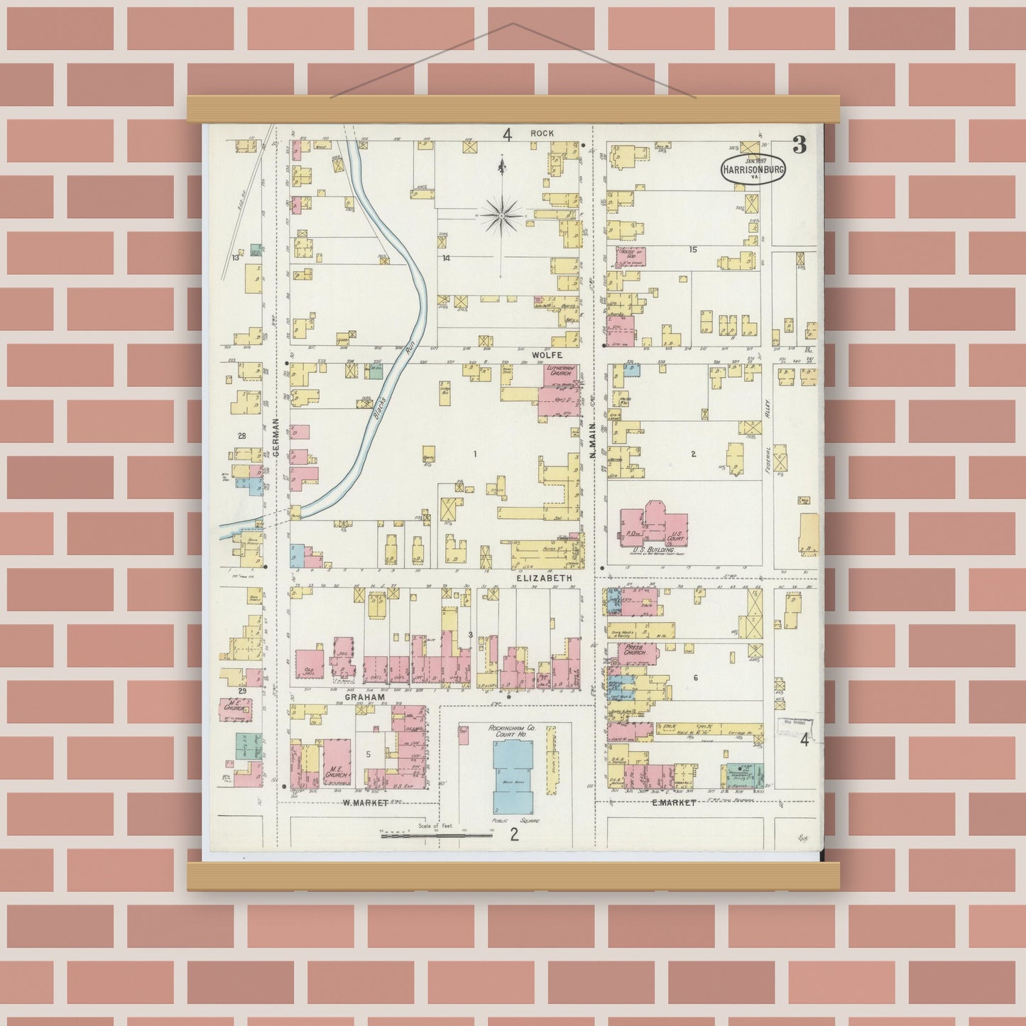 Old map wall art mockup — magnetic wood frame on brick wall — Sanborn Fire Insurance Map from Harrisonburg, Independent Cities, Virginia (1897), Sheet #0003