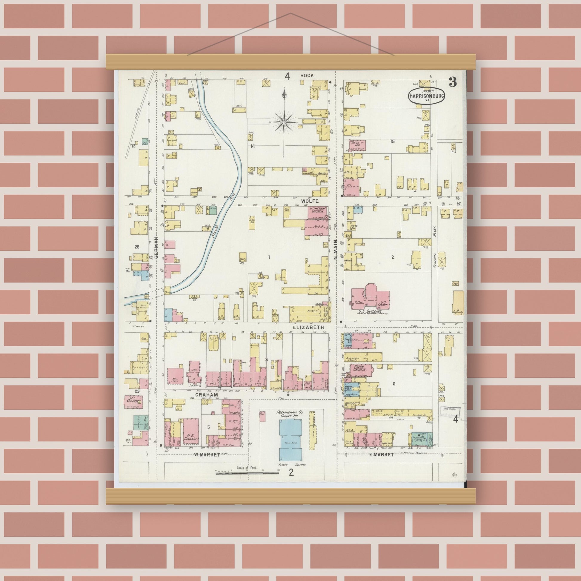 Old map wall art mockup — magnetic wood frame on brick wall — Sanborn Fire Insurance Map from Harrisonburg, Independent Cities, Virginia (1897), Sheet #0003