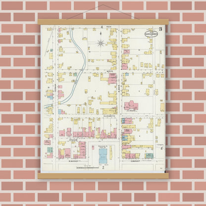 Old map wall art mockup — magnetic wood frame on brick wall — Sanborn Fire Insurance Map from Harrisonburg, Independent Cities, Virginia (1897), Sheet #0003
