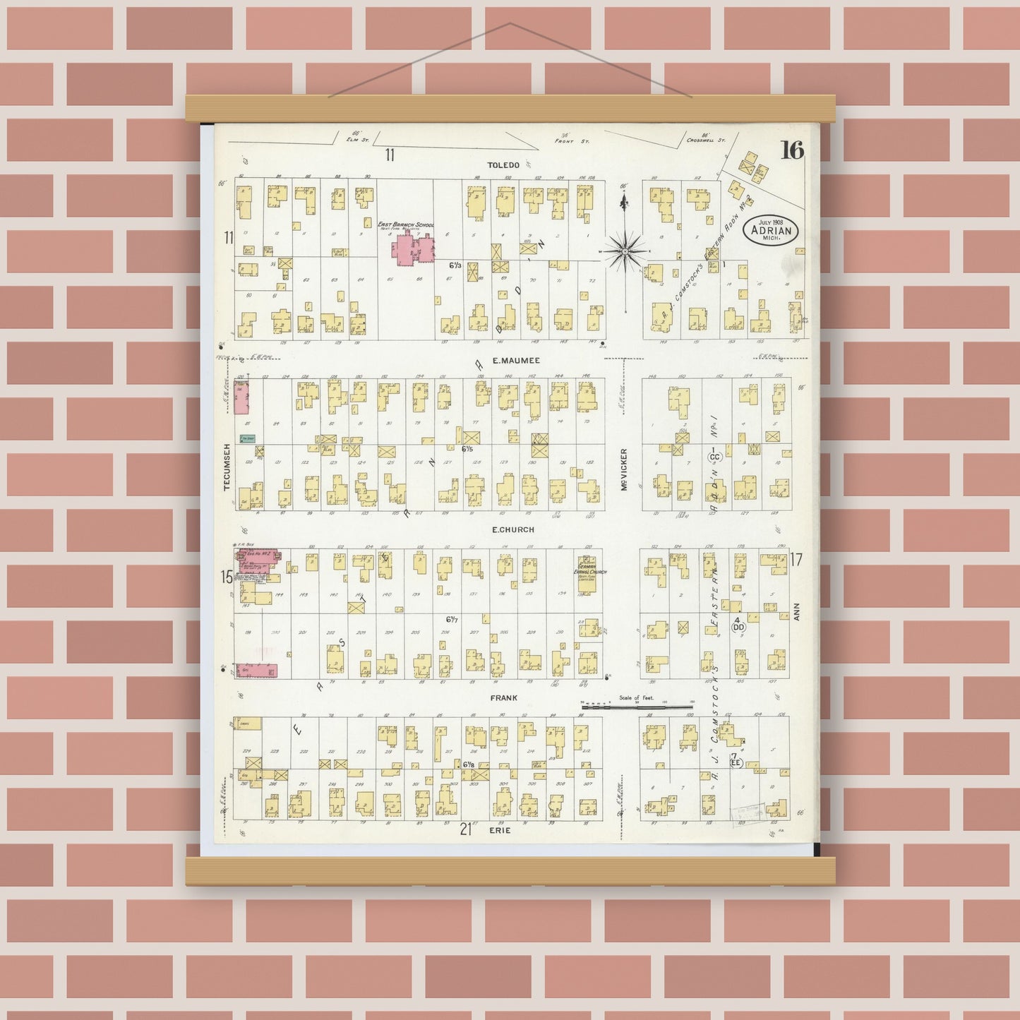 Old map wall art mockup — magnetic wood frame on brick wall — Sanborn Fire Insurance Map from Adrian, Lenawee County, Michigan (1908), Sheet #0016