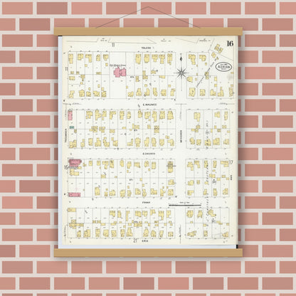 Old map wall art mockup — magnetic wood frame on brick wall — Sanborn Fire Insurance Map from Adrian, Lenawee County, Michigan (1908), Sheet #0016