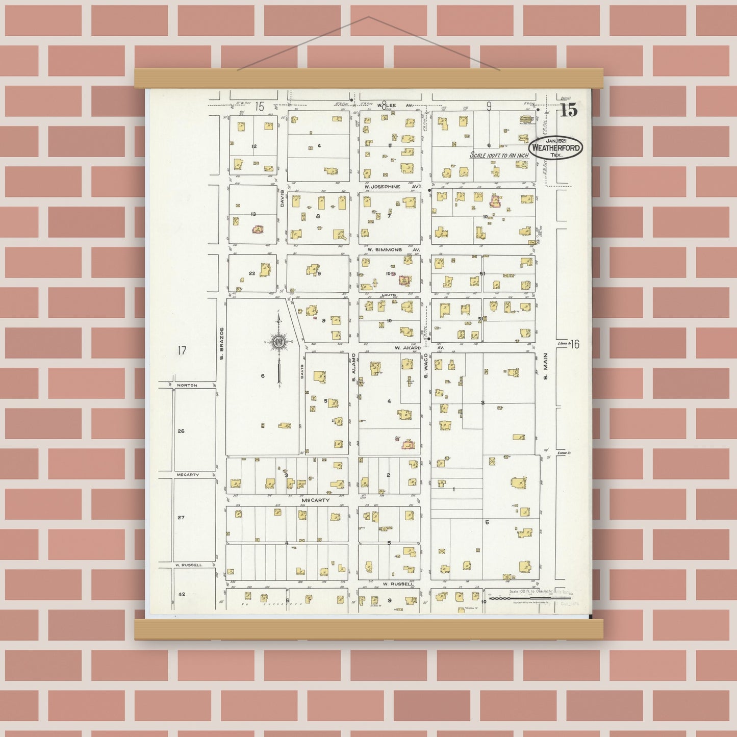 Old map wall art mockup — magnetic wood frame on brick wall — Sanborn Fire Insurance Map from Weatherford, Parker County, Texas (1921), Sheet #0015