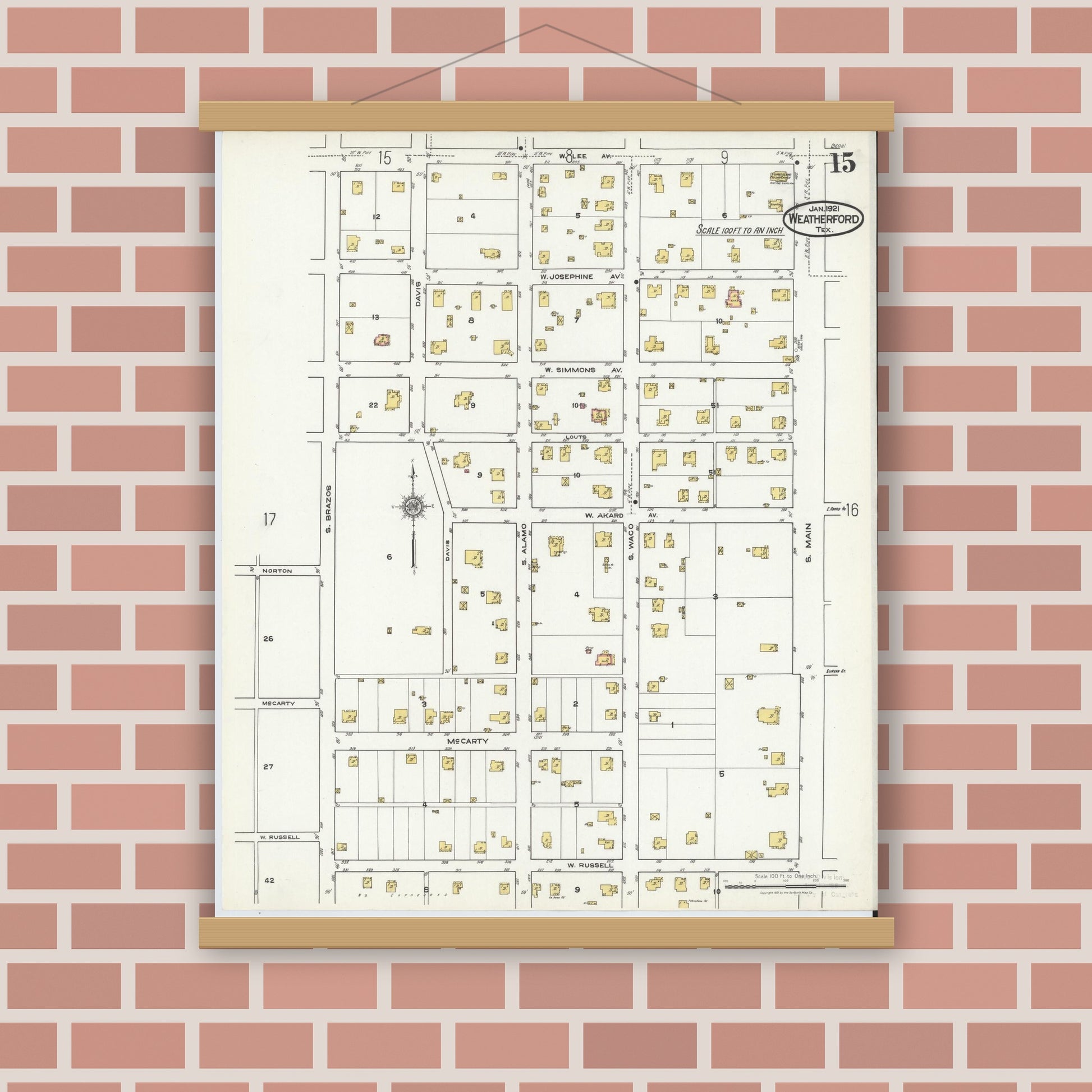 Old map wall art mockup — magnetic wood frame on brick wall — Sanborn Fire Insurance Map from Weatherford, Parker County, Texas (1921), Sheet #0015