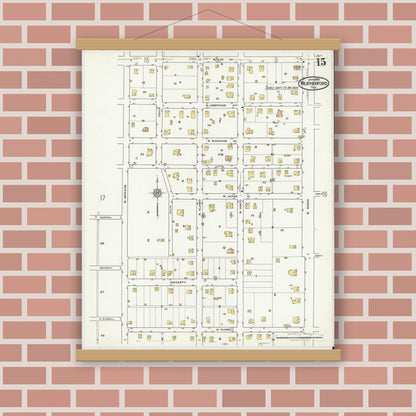 Old map wall art mockup — magnetic wood frame on brick wall — Sanborn Fire Insurance Map from Weatherford, Parker County, Texas (1921), Sheet #0015