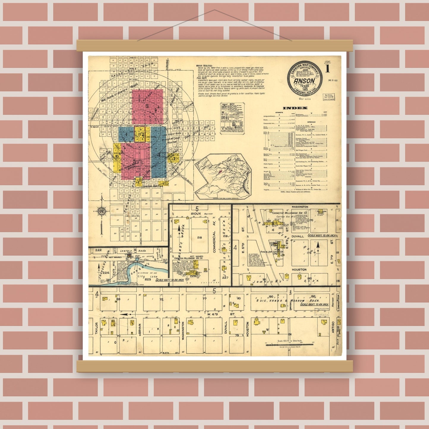Old map wall art mockup — magnetic wood frame on brick wall — Sanborn Fire Insurance Map from Anson, Jones County, Texas (1922), Sheet #0001