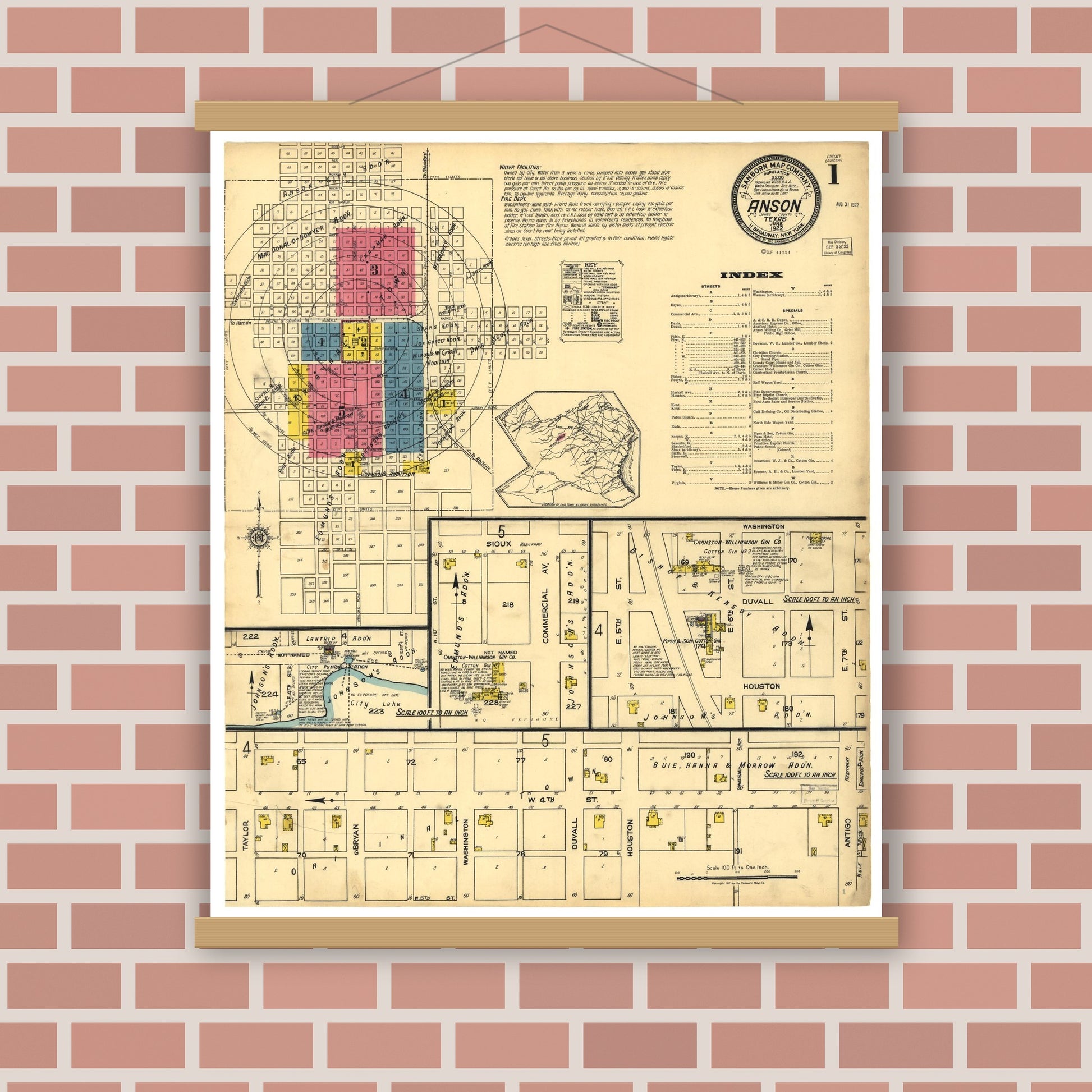 Old map wall art mockup — magnetic wood frame on brick wall — Sanborn Fire Insurance Map from Anson, Jones County, Texas (1922), Sheet #0001