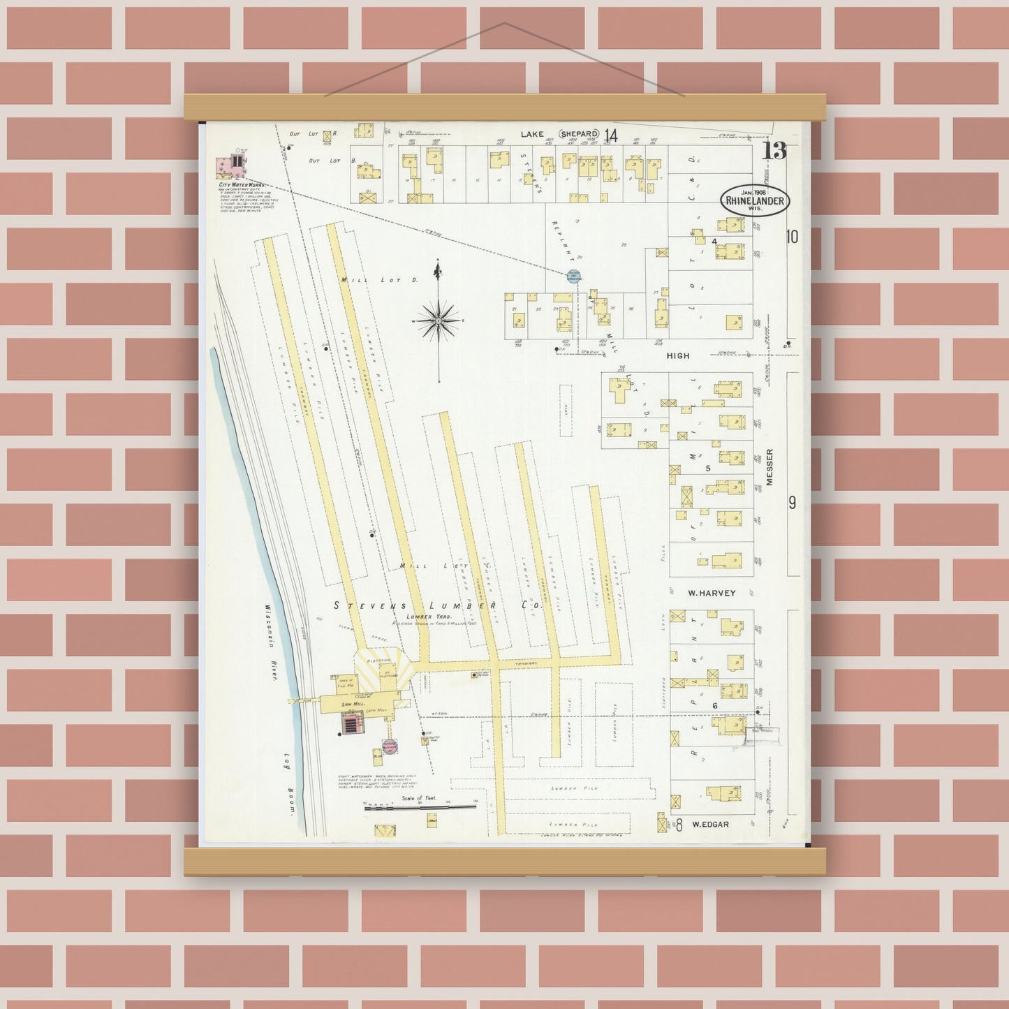 Old map wall art mockup — magnetic wood frame on brick wall — Sanborn Fire Insurance Map from Rhinelander, Oneida County, Wisconsin (1908), Sheet #0013