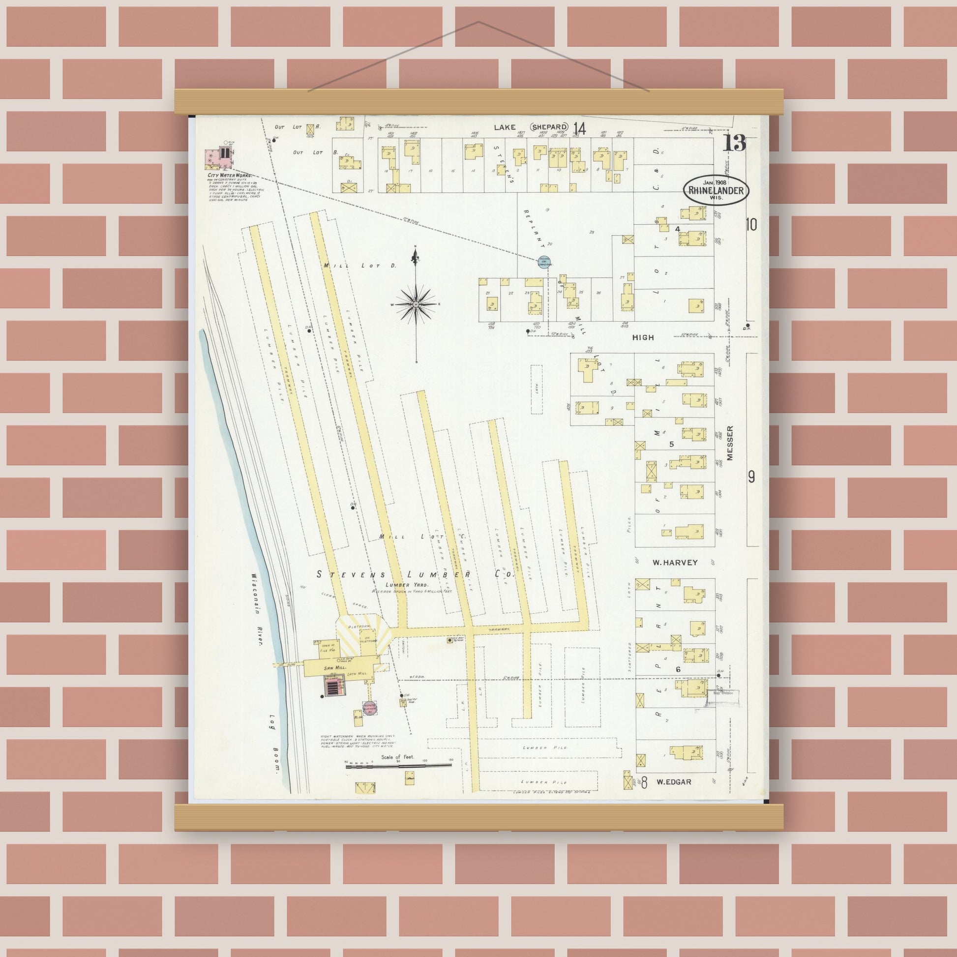 Old map wall art mockup — magnetic wood frame on brick wall — Sanborn Fire Insurance Map from Rhinelander, Oneida County, Wisconsin (1908), Sheet #0013