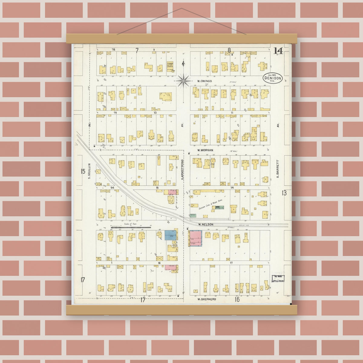 Old map wall art mockup — magnetic wood frame on brick wall — Sanborn Fire Insurance Map from Denison, Grayson County, Texas (1903), Sheet #0014