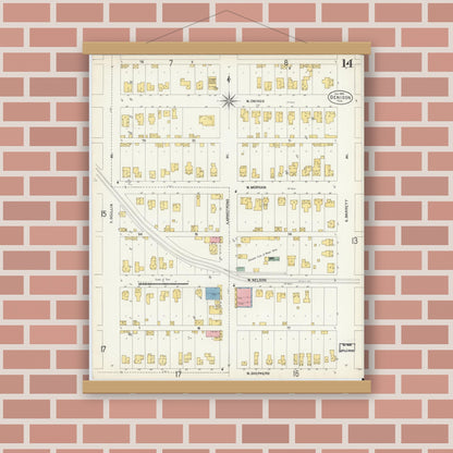 Old map wall art mockup — magnetic wood frame on brick wall — Sanborn Fire Insurance Map from Denison, Grayson County, Texas (1903), Sheet #0014