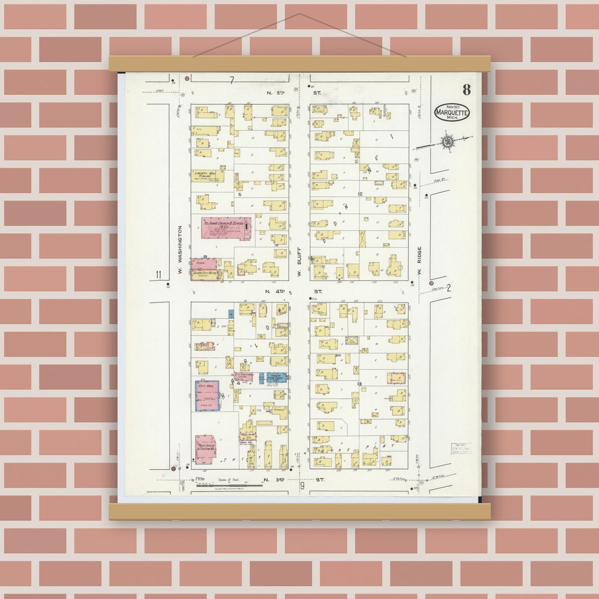 Old map wall art mockup — magnetic wood frame on brick wall — Sanborn Fire Insurance Map from Marquette, Marquette County, Michigan (1917), Sheet #0008