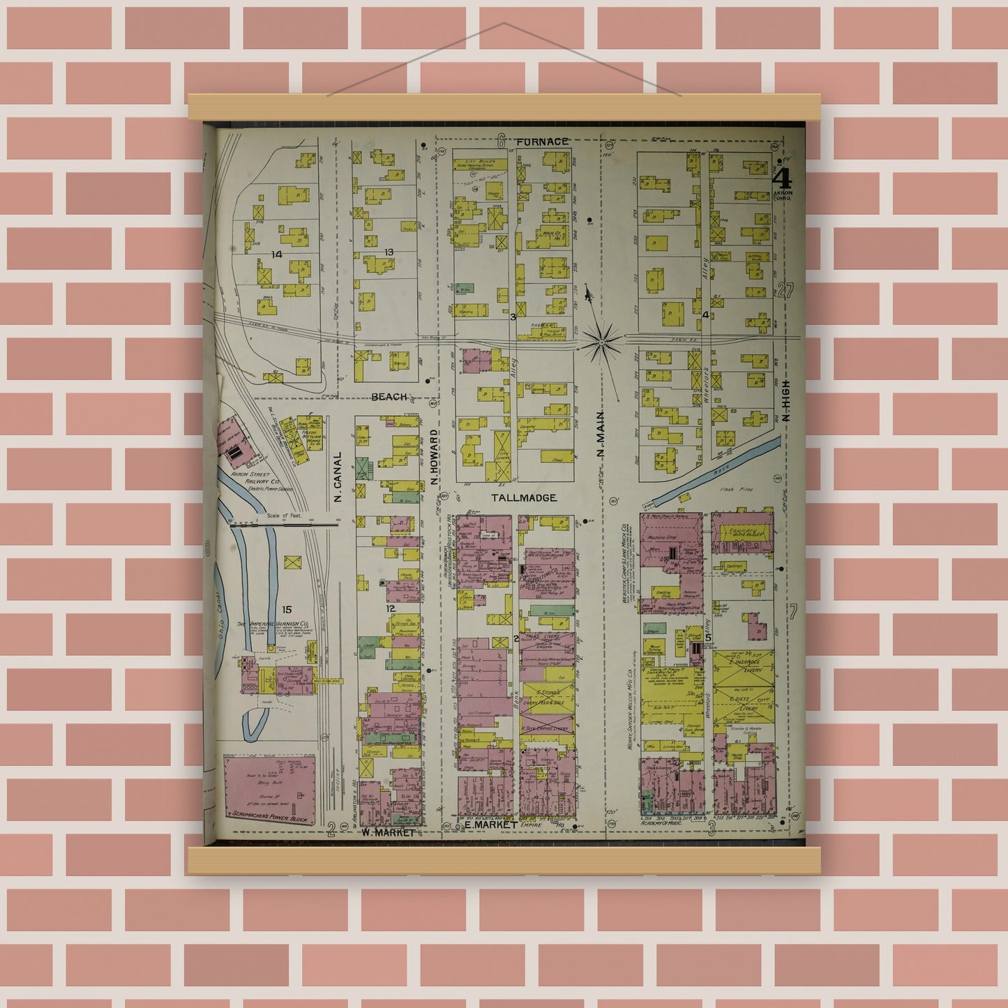 Old map wall art mockup — magnetic wood frame on brick wall — Sanborn Fire Insurance Map from Akron, Summit County, Ohio (1892), Sheet #0004