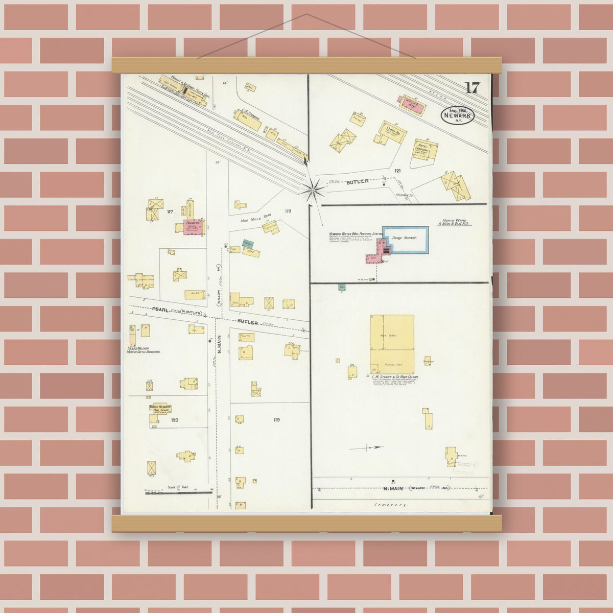 Old map wall art mockup — magnetic wood frame on brick wall — Sanborn Fire Insurance Map from Newark, Wayne County, New York (1906), Sheet #0017
