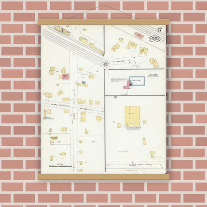 Old map wall art mockup — magnetic wood frame on brick wall — Sanborn Fire Insurance Map from Newark, Wayne County, New York (1906), Sheet #0017