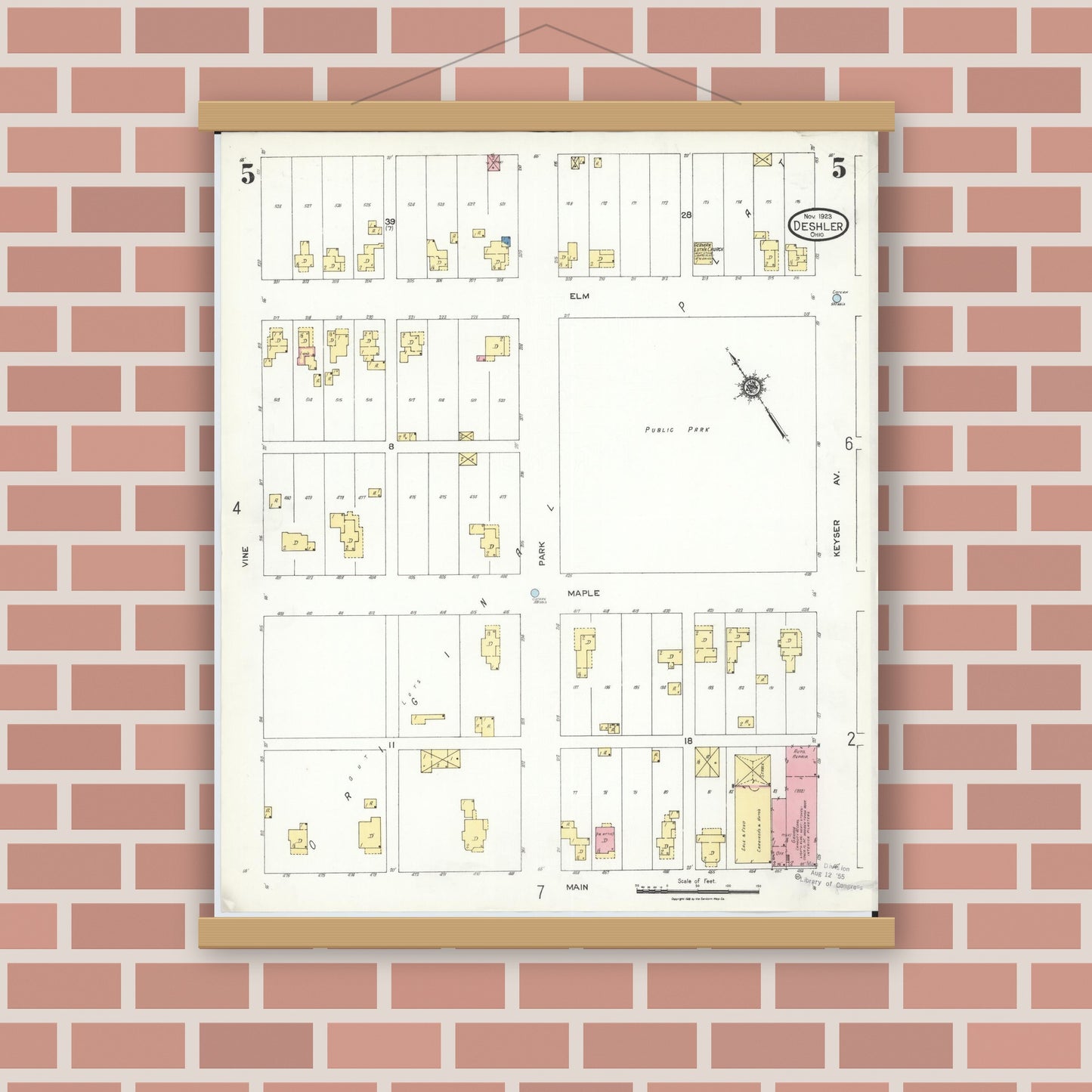 Old map wall art mockup — magnetic wood frame on brick wall — Sanborn Fire Insurance Map from Deshler, Henry County, Ohio (1923), Sheet #0005