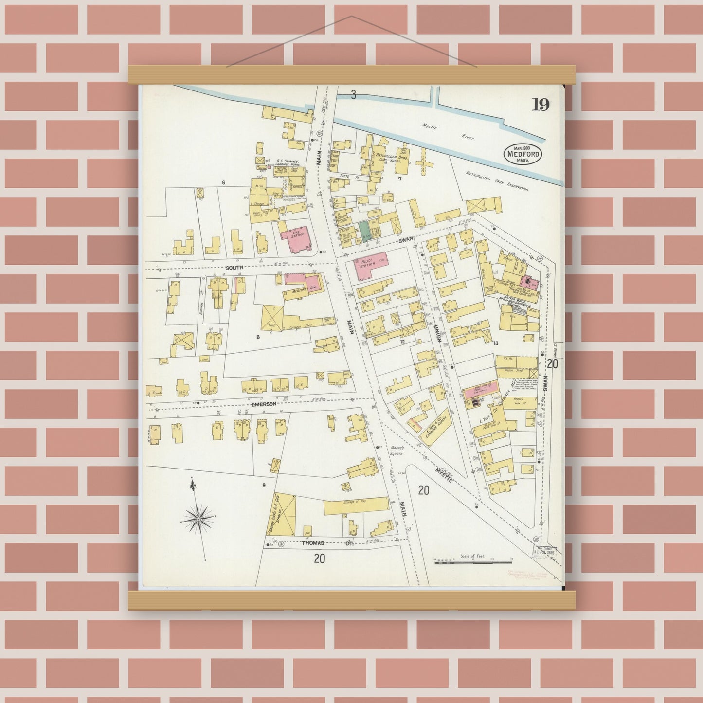 Old map wall art mockup — magnetic wood frame on brick wall — Sanborn Fire Insurance Map from Medford, Middlesex County, Massachusetts (1903), Sheet #0019