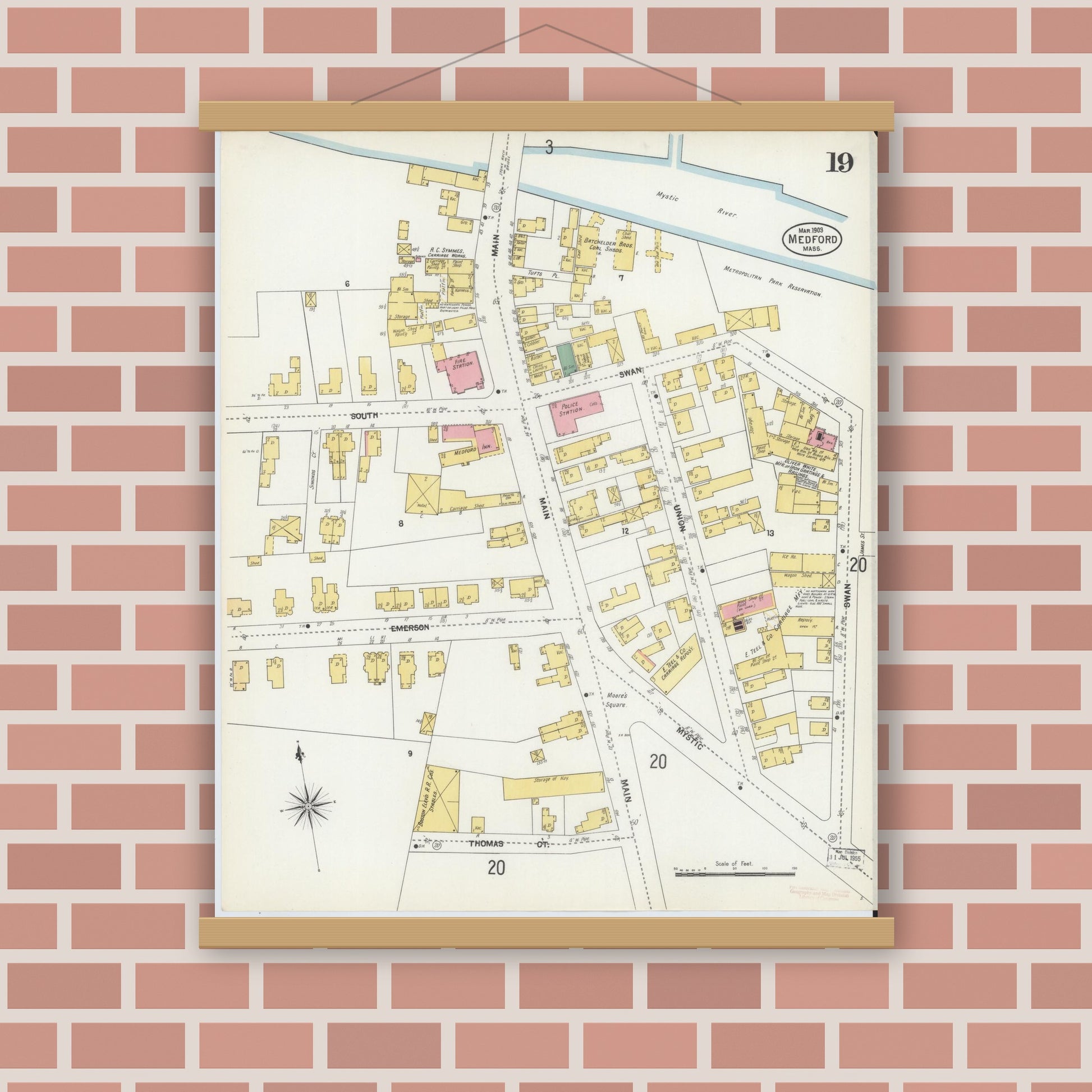 Old map wall art mockup — magnetic wood frame on brick wall — Sanborn Fire Insurance Map from Medford, Middlesex County, Massachusetts (1903), Sheet #0019