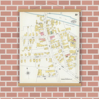 Old map wall art mockup — magnetic wood frame on brick wall — Sanborn Fire Insurance Map from Medford, Middlesex County, Massachusetts (1903), Sheet #0019