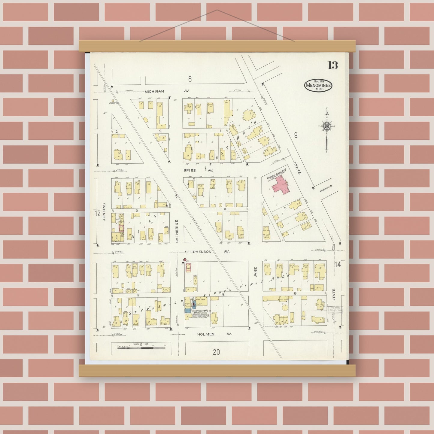 Old map wall art mockup — magnetic wood frame on brick wall — Sanborn Fire Insurance Map from Menominee, Menominee County, Michigan (1913), Sheet #0013