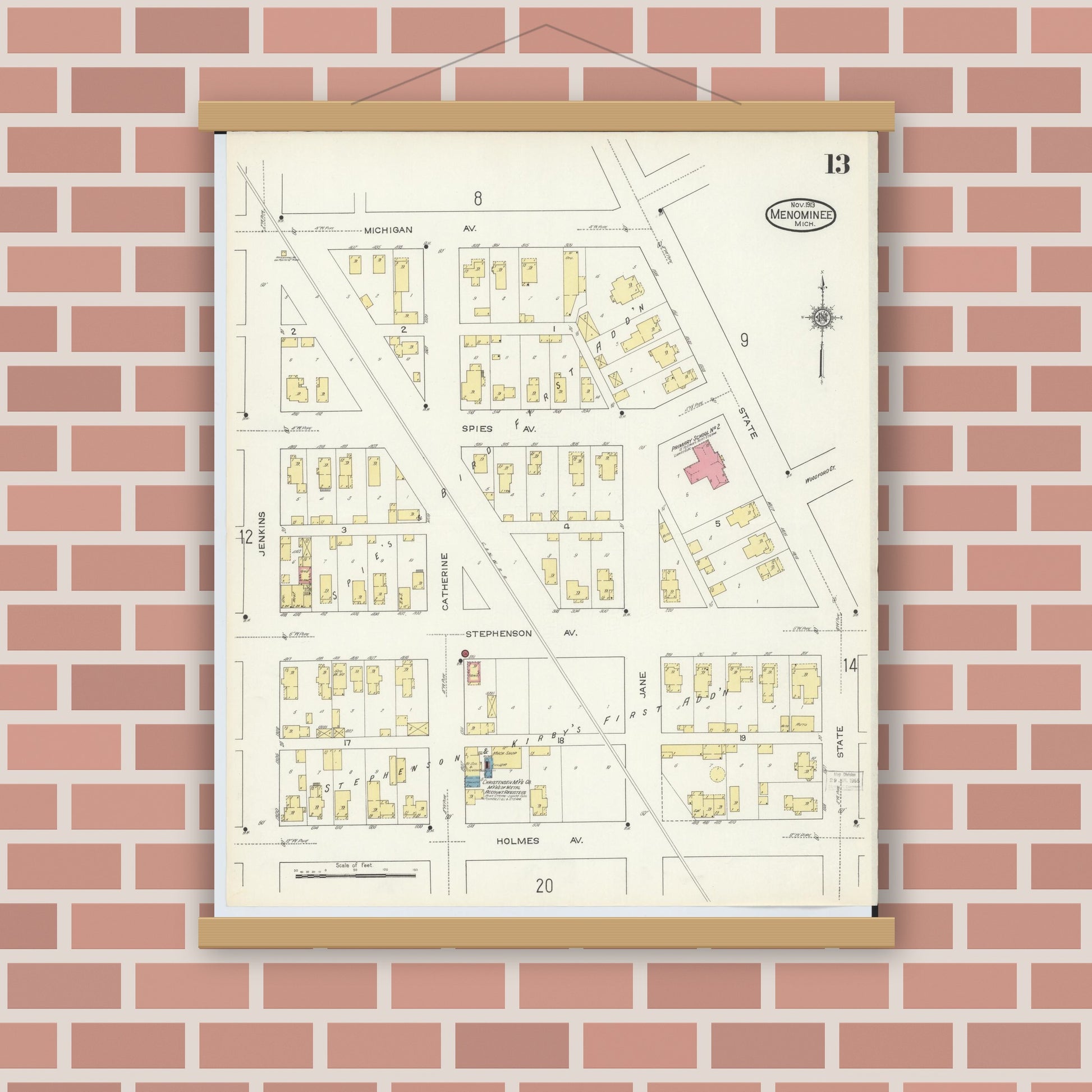 Old map wall art mockup — magnetic wood frame on brick wall — Sanborn Fire Insurance Map from Menominee, Menominee County, Michigan (1913), Sheet #0013