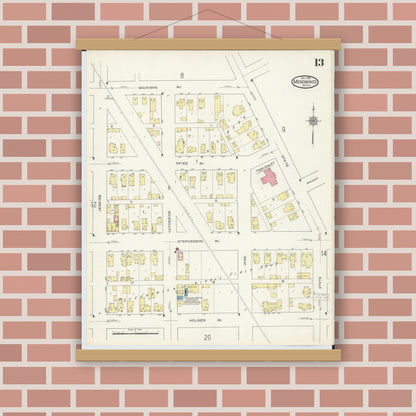 Old map wall art mockup — magnetic wood frame on brick wall — Sanborn Fire Insurance Map from Menominee, Menominee County, Michigan (1913), Sheet #0013