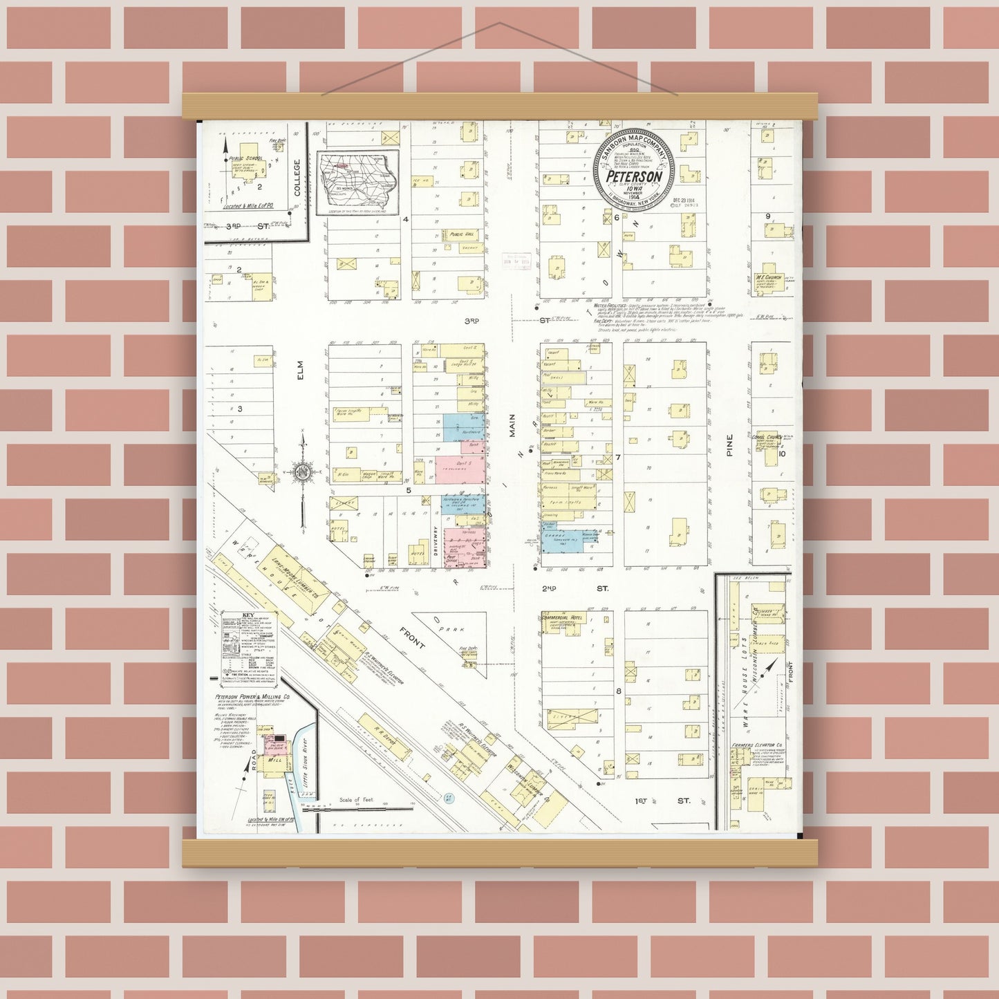 Old map wall art mockup — magnetic wood frame on brick wall — Sanborn Fire Insurance Map from Peterson, Clay County, Iowa (1914), Sheet #0001