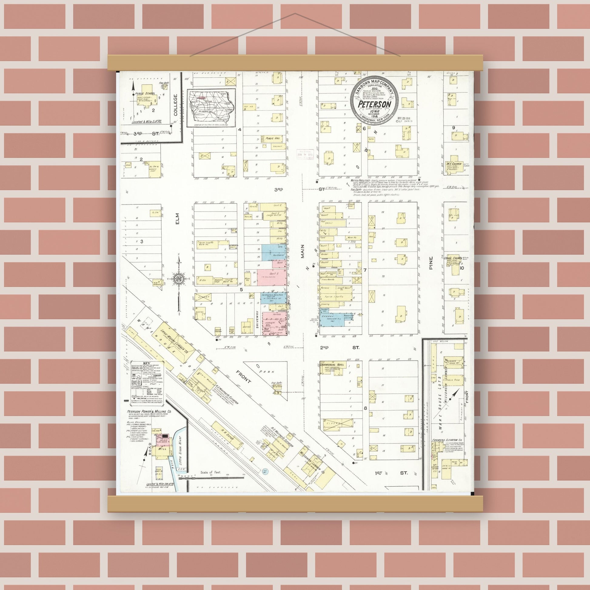Old map wall art mockup — magnetic wood frame on brick wall — Sanborn Fire Insurance Map from Peterson, Clay County, Iowa (1914), Sheet #0001