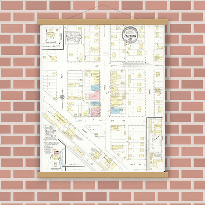 Old map wall art mockup — magnetic wood frame on brick wall — Sanborn Fire Insurance Map from Peterson, Clay County, Iowa (1914), Sheet #0001