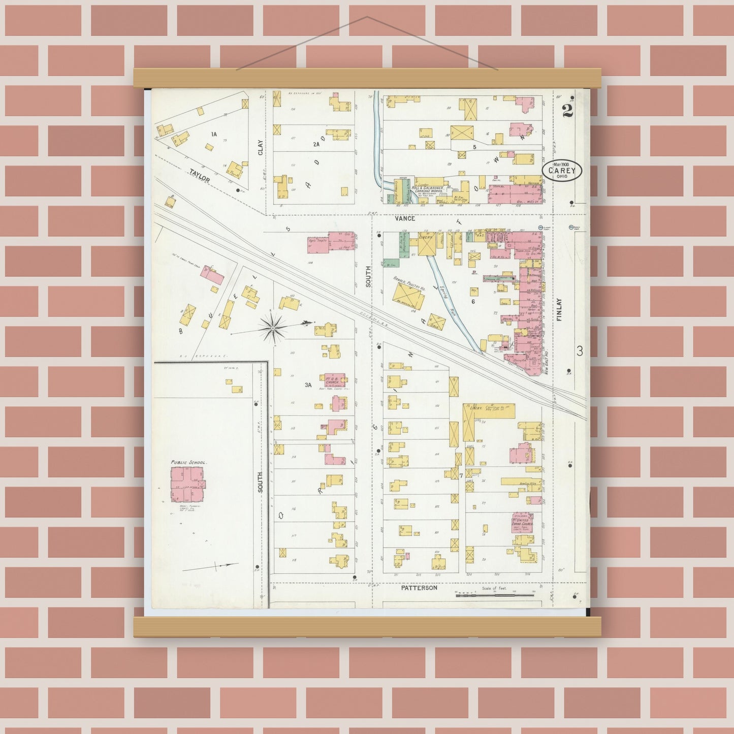 Old map wall art mockup — magnetic wood frame on brick wall — Sanborn Fire Insurance Map from Carey, Wyandot County, Ohio (1900), Sheet #0002