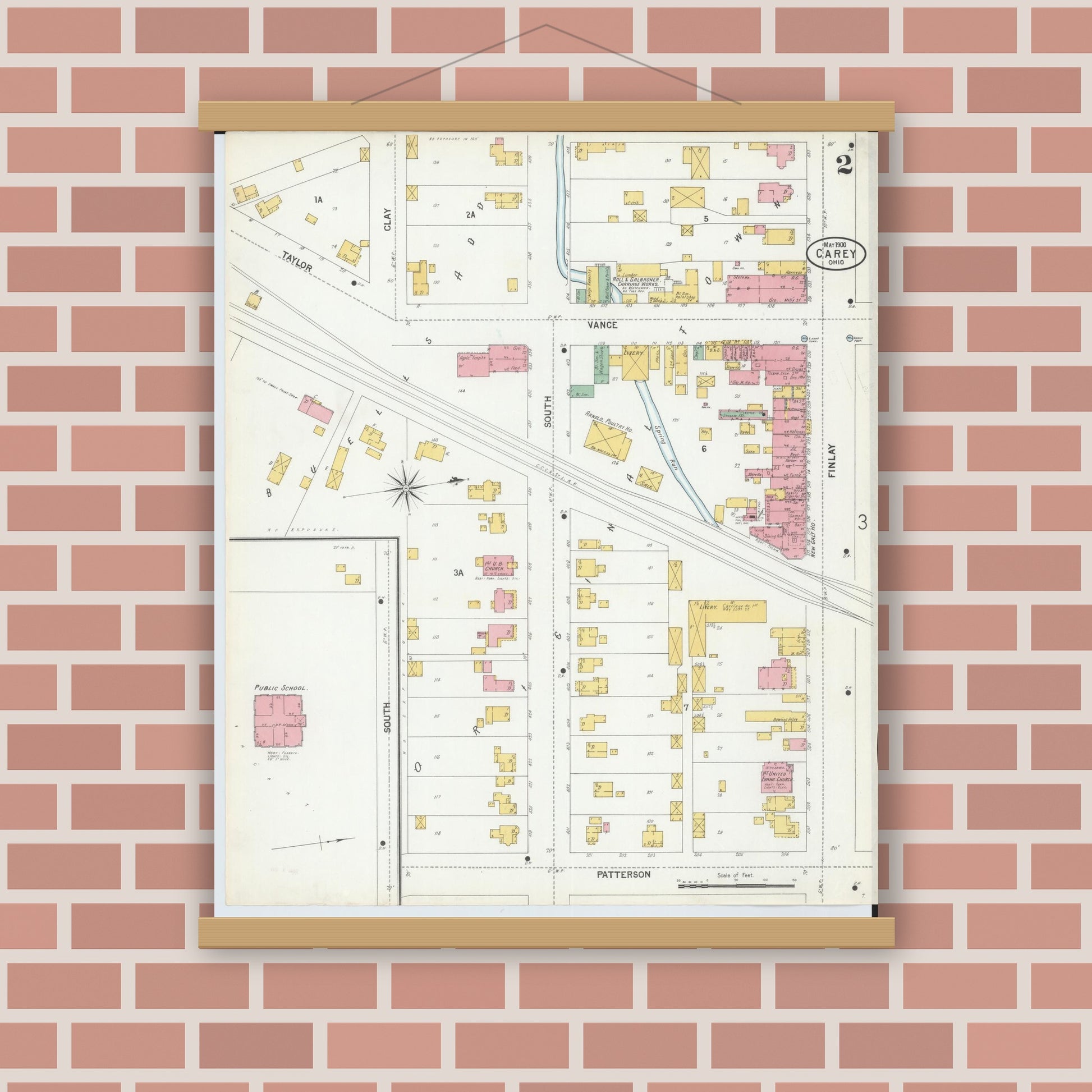 Old map wall art mockup — magnetic wood frame on brick wall — Sanborn Fire Insurance Map from Carey, Wyandot County, Ohio (1900), Sheet #0002