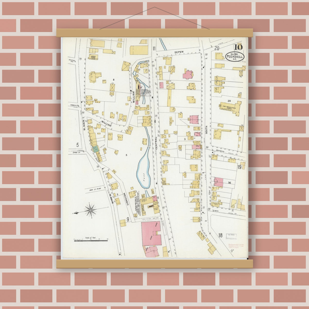 Old map wall art mockup — magnetic wood frame on brick wall — Sanborn Fire Insurance Map from Peekskill, Westchester County, New York (1905), Sheet #0010