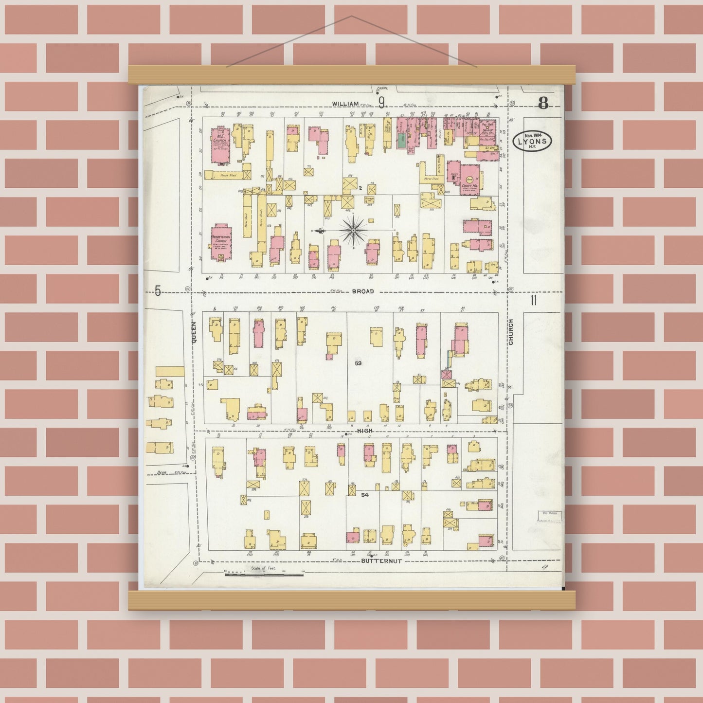 Old map wall art mockup — magnetic wood frame on brick wall — Sanborn Fire Insurance Map from Lyons, Wayne County, New York (1904), Sheet #0008