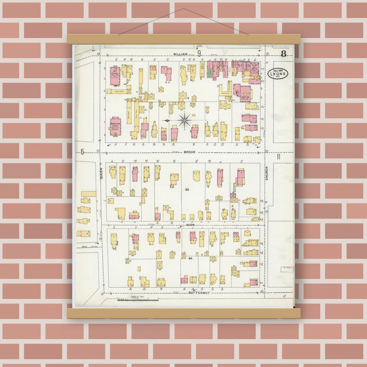 Old map wall art mockup — magnetic wood frame on brick wall — Sanborn Fire Insurance Map from Lyons, Wayne County, New York (1904), Sheet #0008