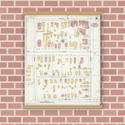 Old map wall art mockup — magnetic wood frame on brick wall — Sanborn Fire Insurance Map from Lyons, Wayne County, New York (1904), Sheet #0008