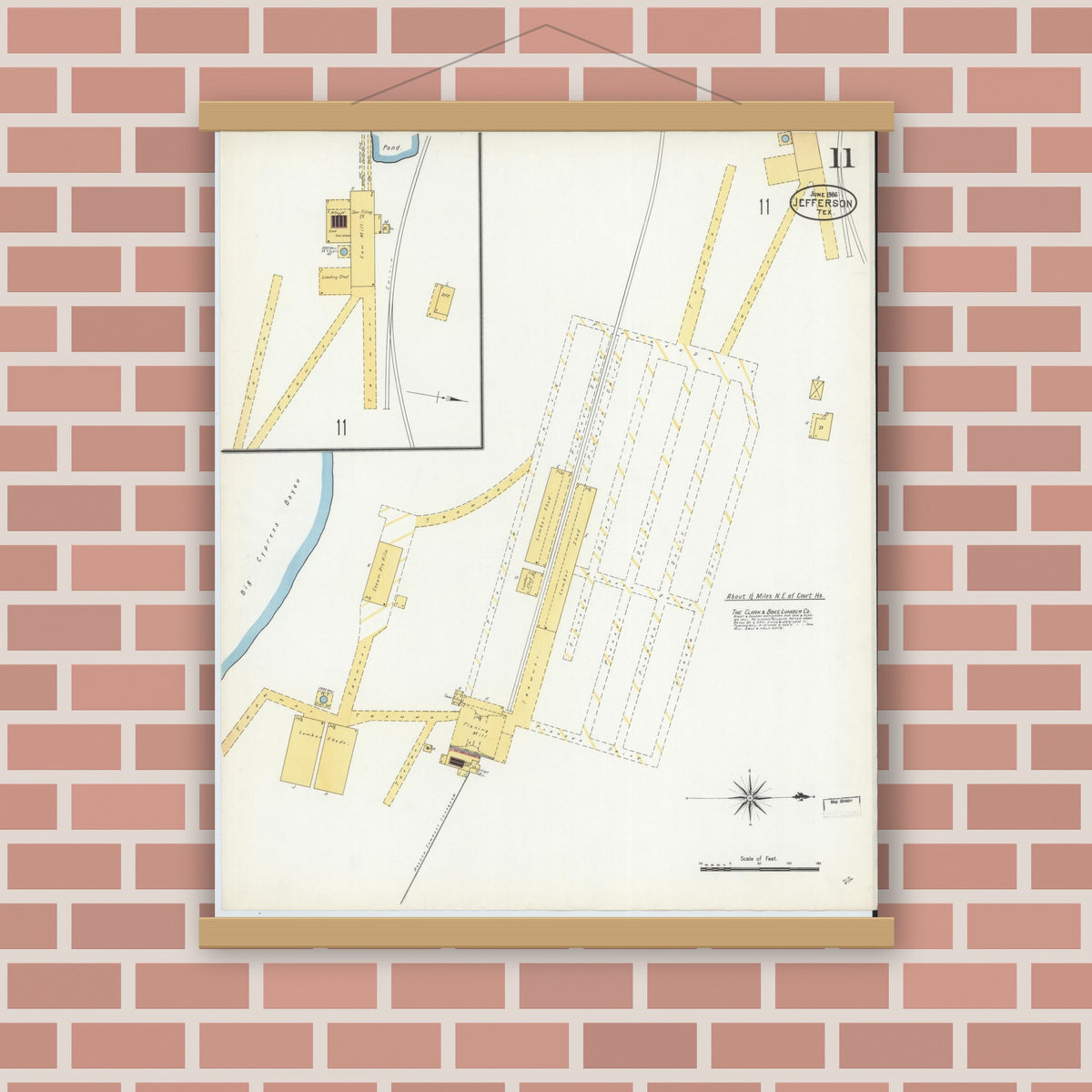 Old map wall art mockup — magnetic wood frame on brick wall — Sanborn Fire Insurance Map from Jefferson, Marion County, Texas (1906), Sheet #0011
