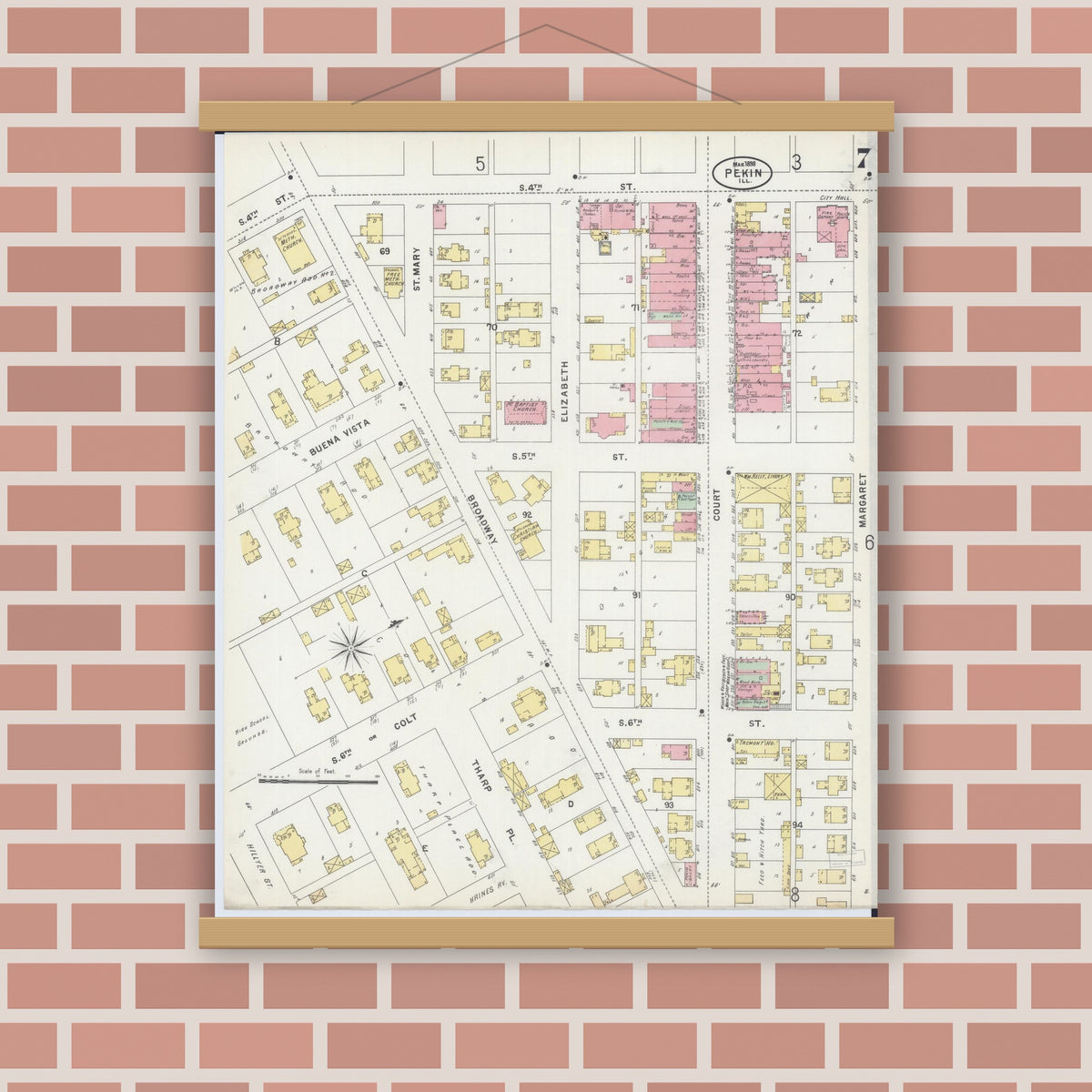Old map wall art mockup — magnetic wood frame on brick wall — Sanborn Fire Insurance Map from Pekin, Tazewell County, Illinois (1898), Sheet #0007