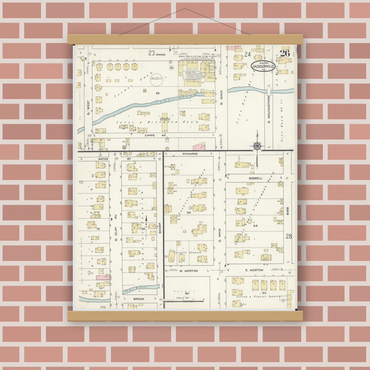 Old map wall art mockup — magnetic wood frame on brick wall — Sanborn Fire Insurance Map from Jacksonville, Morgan County, Illinois (1914), Sheet #0026