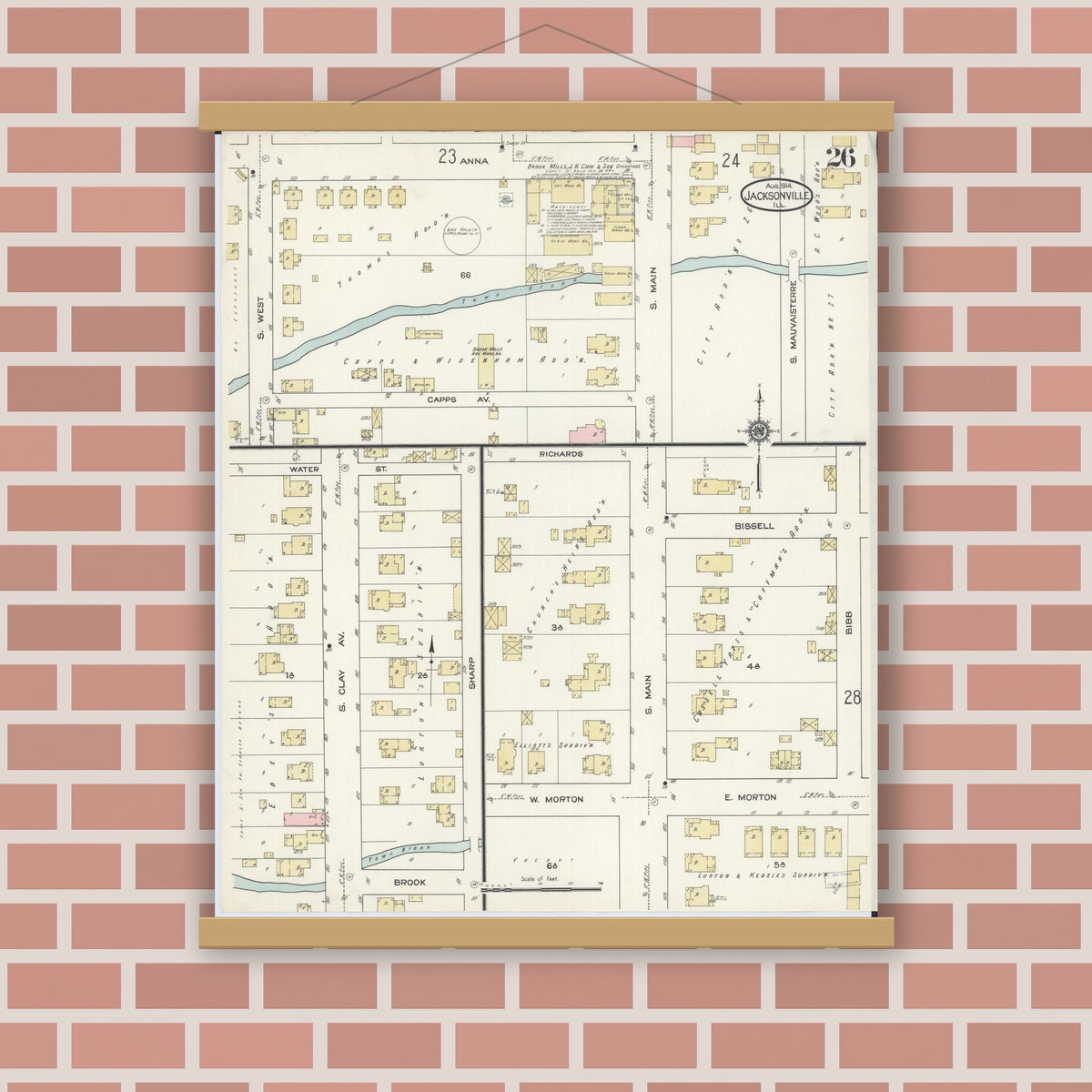 Old map wall art mockup — magnetic wood frame on brick wall — Sanborn Fire Insurance Map from Jacksonville, Morgan County, Illinois (1914), Sheet #0026