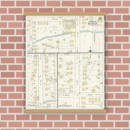 Old map wall art mockup — magnetic wood frame on brick wall — Sanborn Fire Insurance Map from Jacksonville, Morgan County, Illinois (1914), Sheet #0026