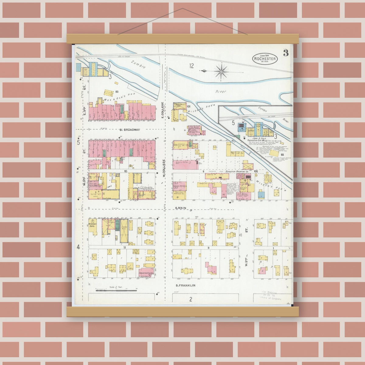 Old map wall art mockup — magnetic wood frame on brick wall — Sanborn Fire Insurance Map from Rochester, Olmsted County, Minnesota (1904), Sheet #0003