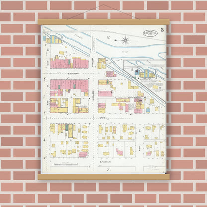 Old map wall art mockup — magnetic wood frame on brick wall — Sanborn Fire Insurance Map from Rochester, Olmsted County, Minnesota (1904), Sheet #0003