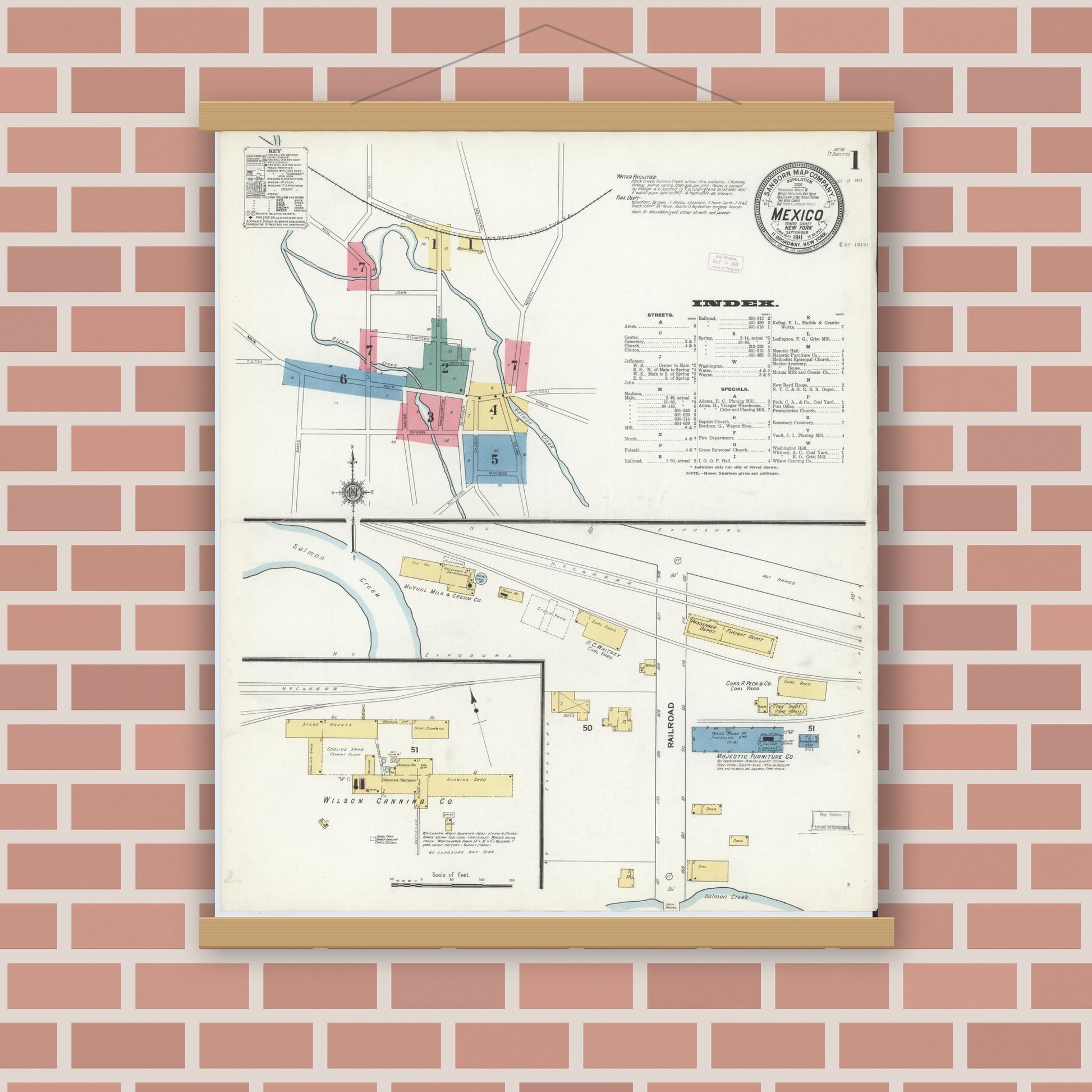 Old map wall art mockup — magnetic wood frame on brick wall — Sanborn Fire Insurance Map from Mexico, Oswego County, New York (1911) - Complete Map Set