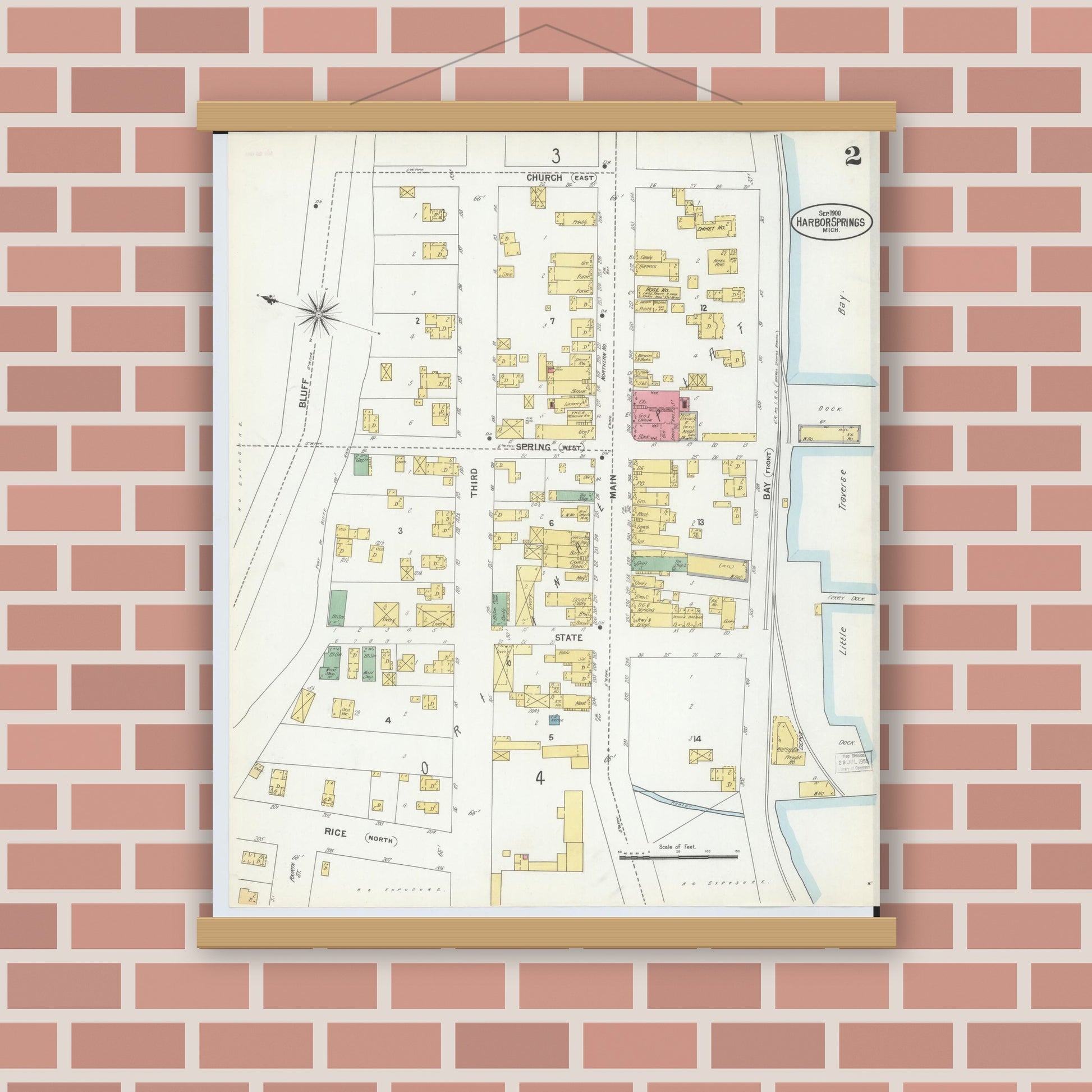 Old map wall art mockup — magnetic wood frame on brick wall — Sanborn Fire Insurance Map from Harbor Springs, Emmet County, Michigan (1900), Sheet #0002