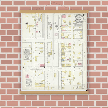 Old map wall art mockup — magnetic wood frame on brick wall — Sanborn Fire Insurance Map from Buckley, Iroquois County, Illinois (1914), Sheet #0001
