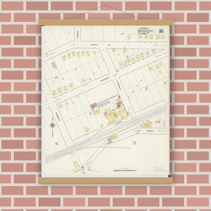 Old map wall art mockup — magnetic wood frame on brick wall — Sanborn Fire Insurance Map from Warren, Trumbull County, Ohio (1915), Sheet #0016